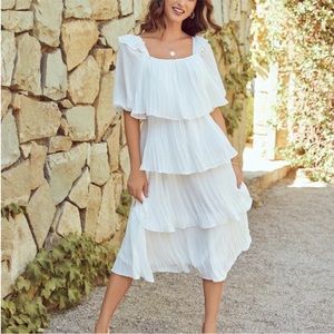 Vici Rehearsal Plisse Midi Dress ivory cream tiered pleated flowy ruffle